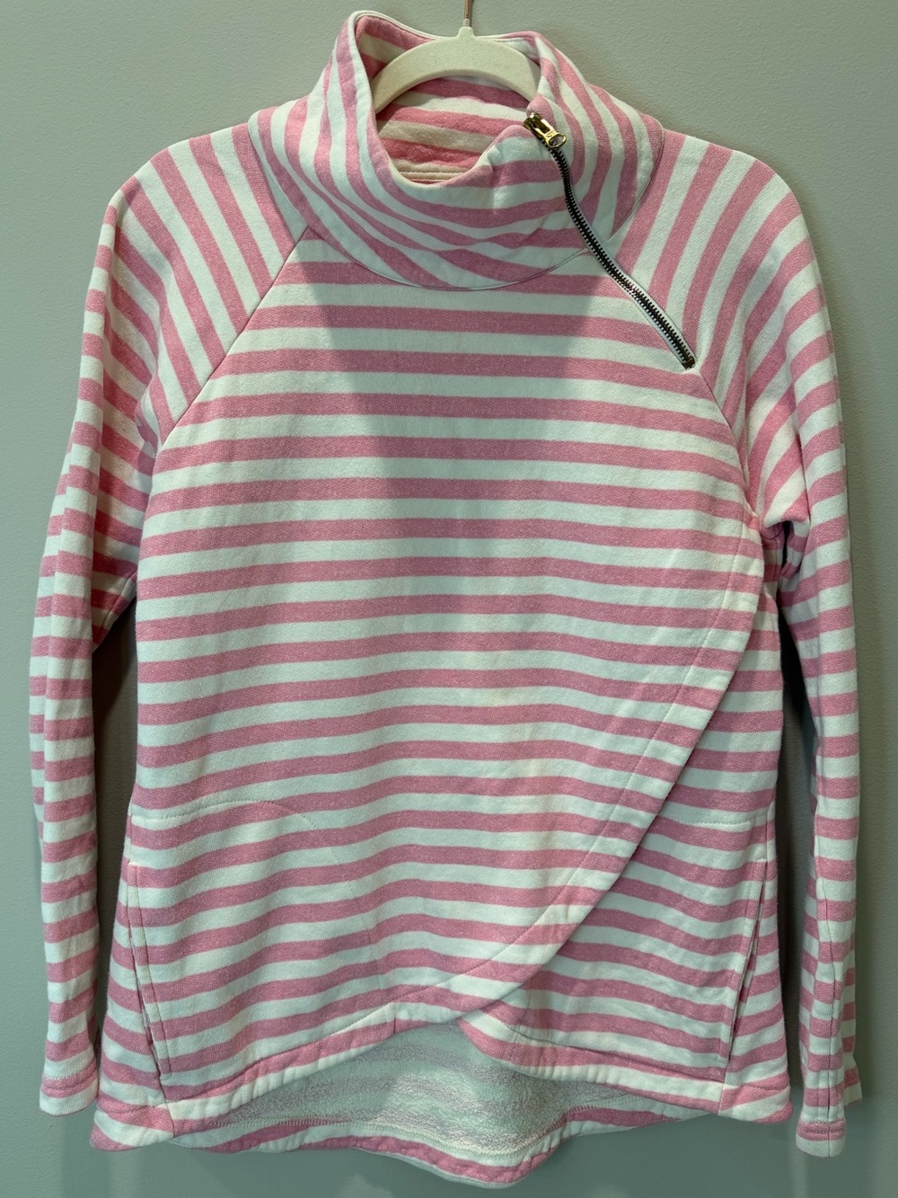 Duffield Lane Pink and White Striped Cowl Zip Pullover
